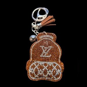 Brown and Silver LV Rhinestone Bag Charm Keychain